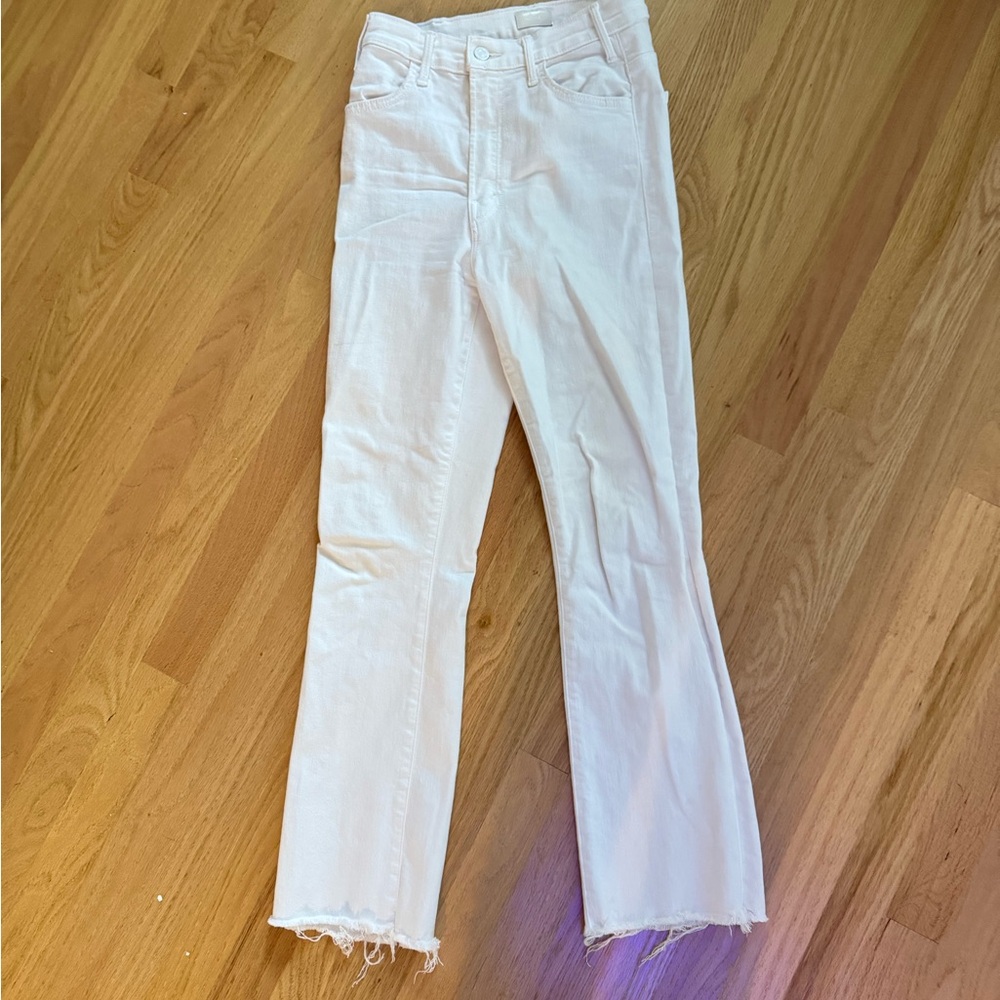 MOTHER White Straight Leg Jeans with Frayed Hem
